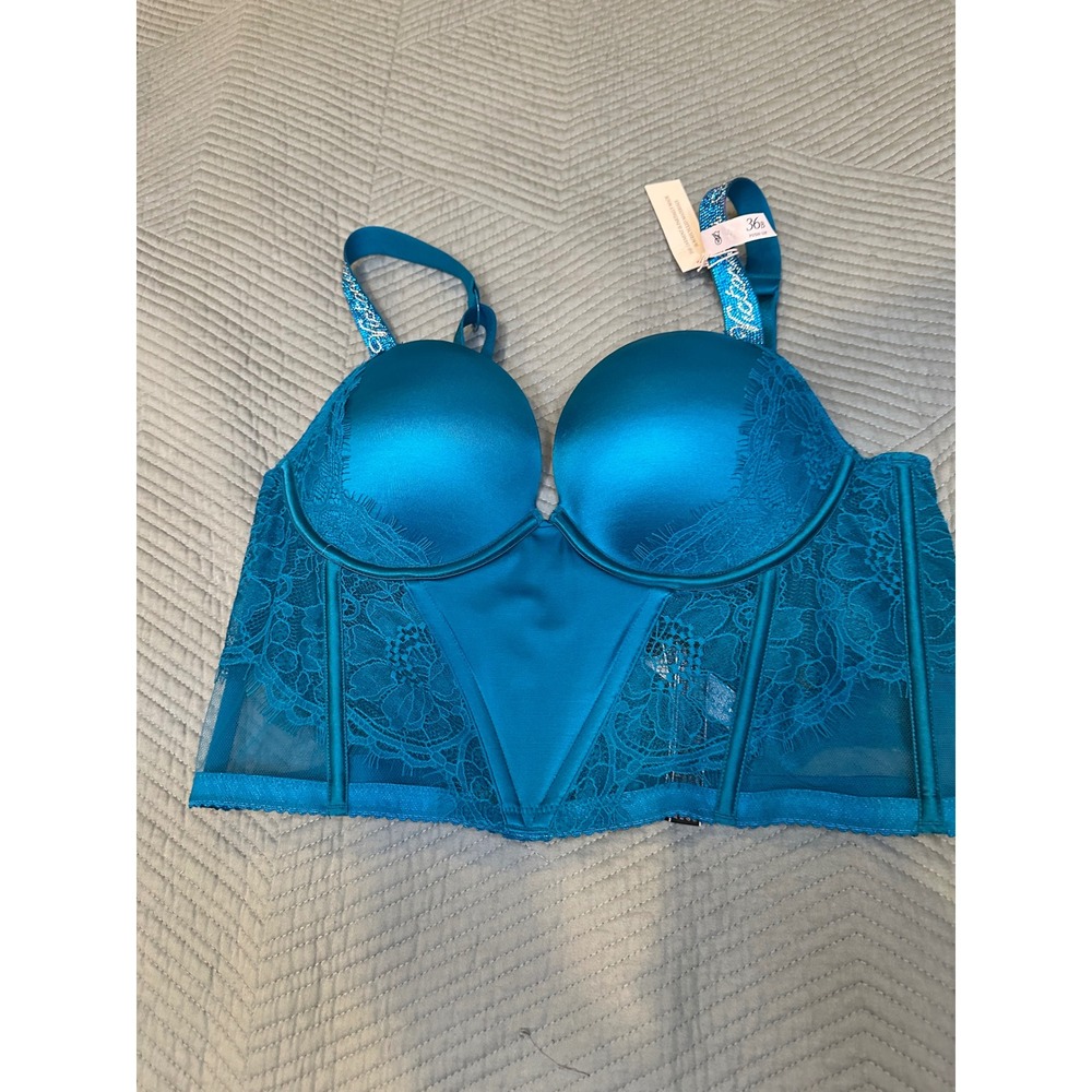 Victoria's Secret Very Sexy Rhinestone Strap Push-Up Corset Bra Teal Blue 36B